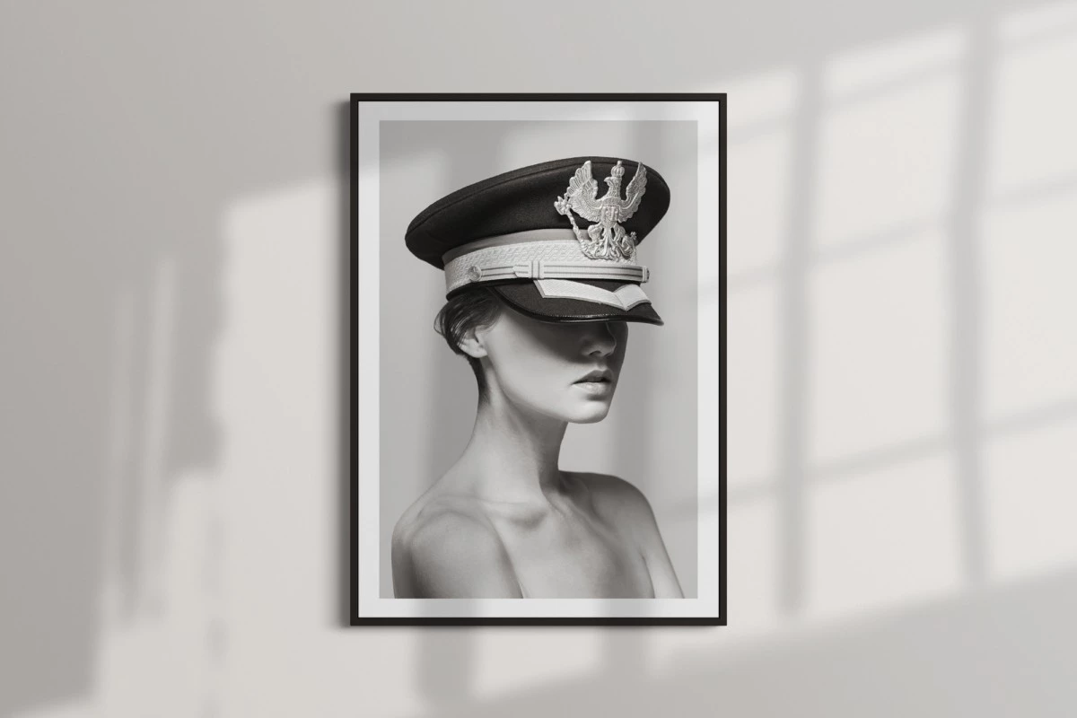 Black & white image of a woman wearing a military hat