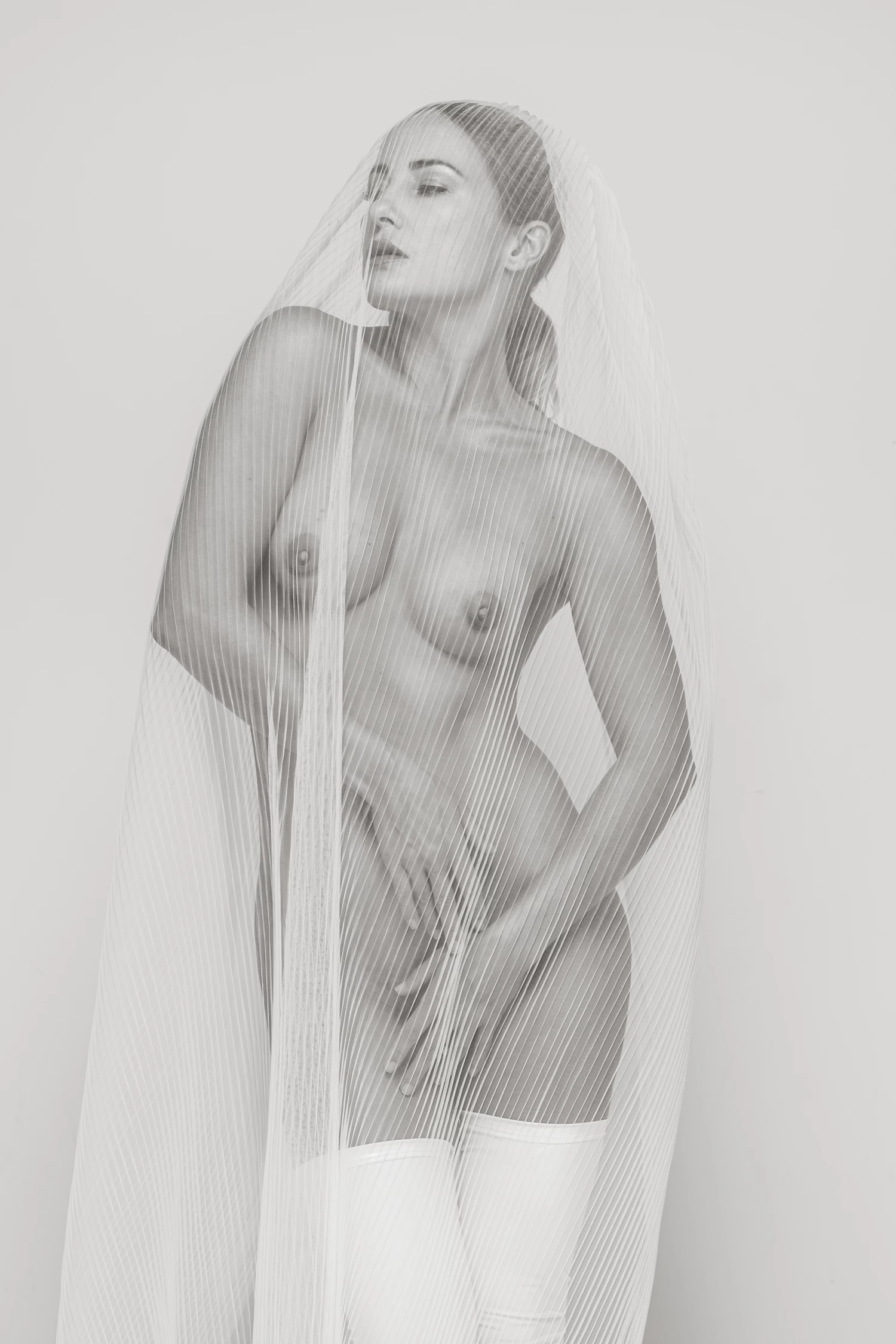 Black & white image of a nude woman covered by a veil